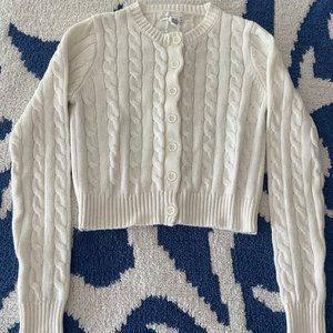 White Cropped Cable Knit Sweater